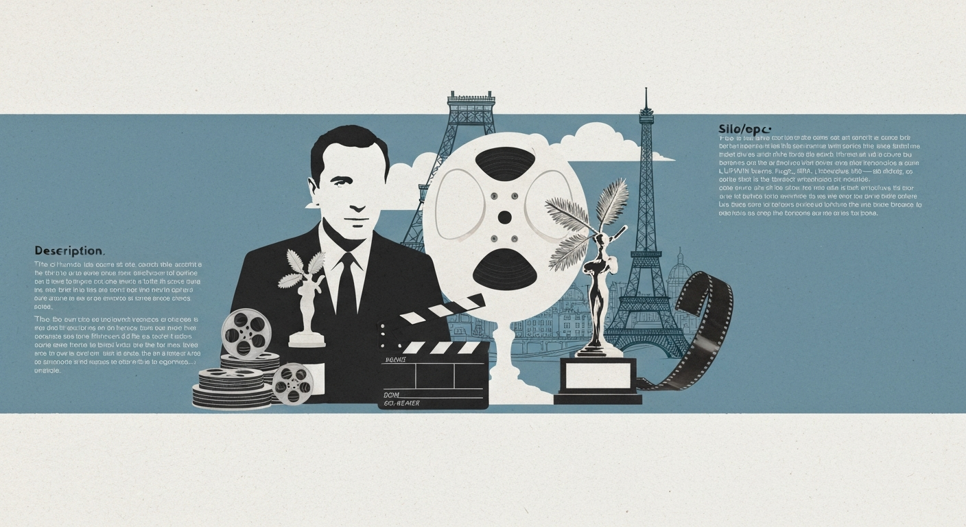 Stylized collage of a director silhouette with film reels, Palme d'Or trophy, and Paris skyline representing Jacques Audiard's career.