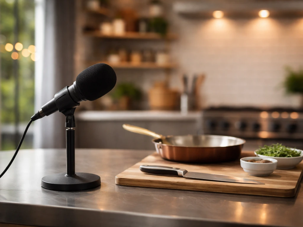 Anonymous TV cooking studio scene with cookware and a broadcast microphone, symbolizing a professional chef TV profile.