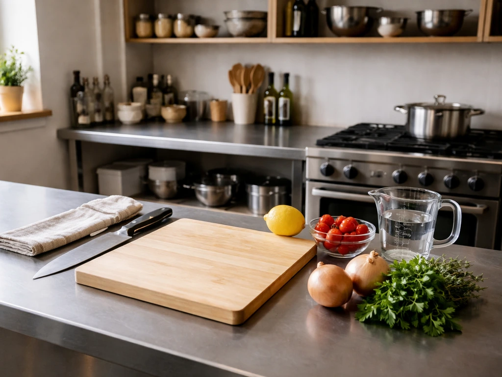 Cookery school classroom kitchen with stainless counters and course ingredients/tools