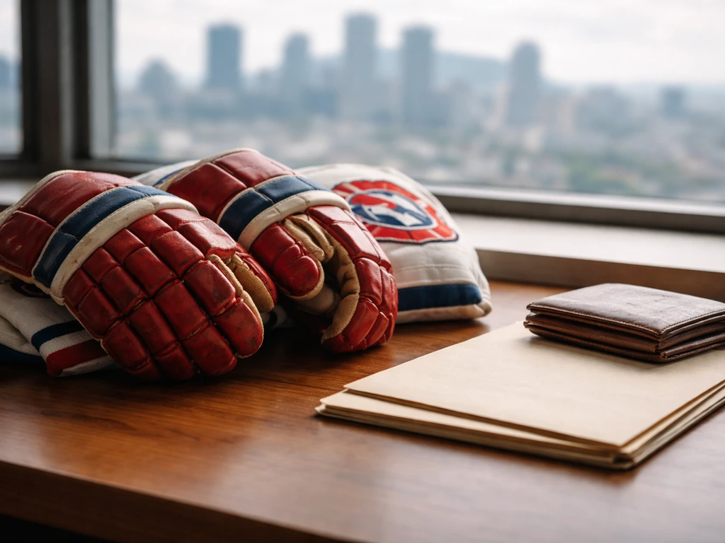 Montreal Canadiens-era hockey gear laid beside a worn leather wallet and office folder on a desk