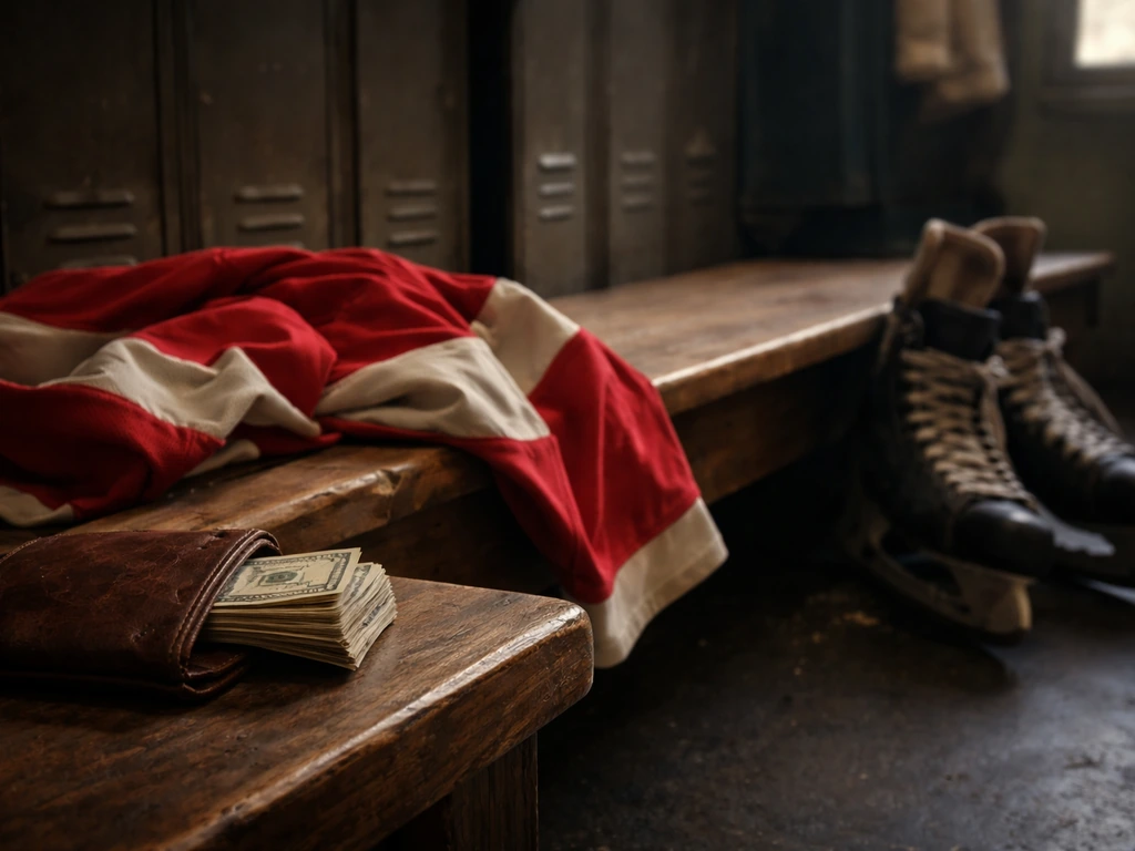 Empty Montreal Canadiens-era hockey locker room with a classic jersey and a leather wallet on a bench