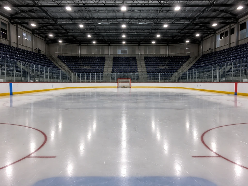 Empty Chicoutimi Sagueneens QMJHL arena ice rink with team colors in quiet evening light