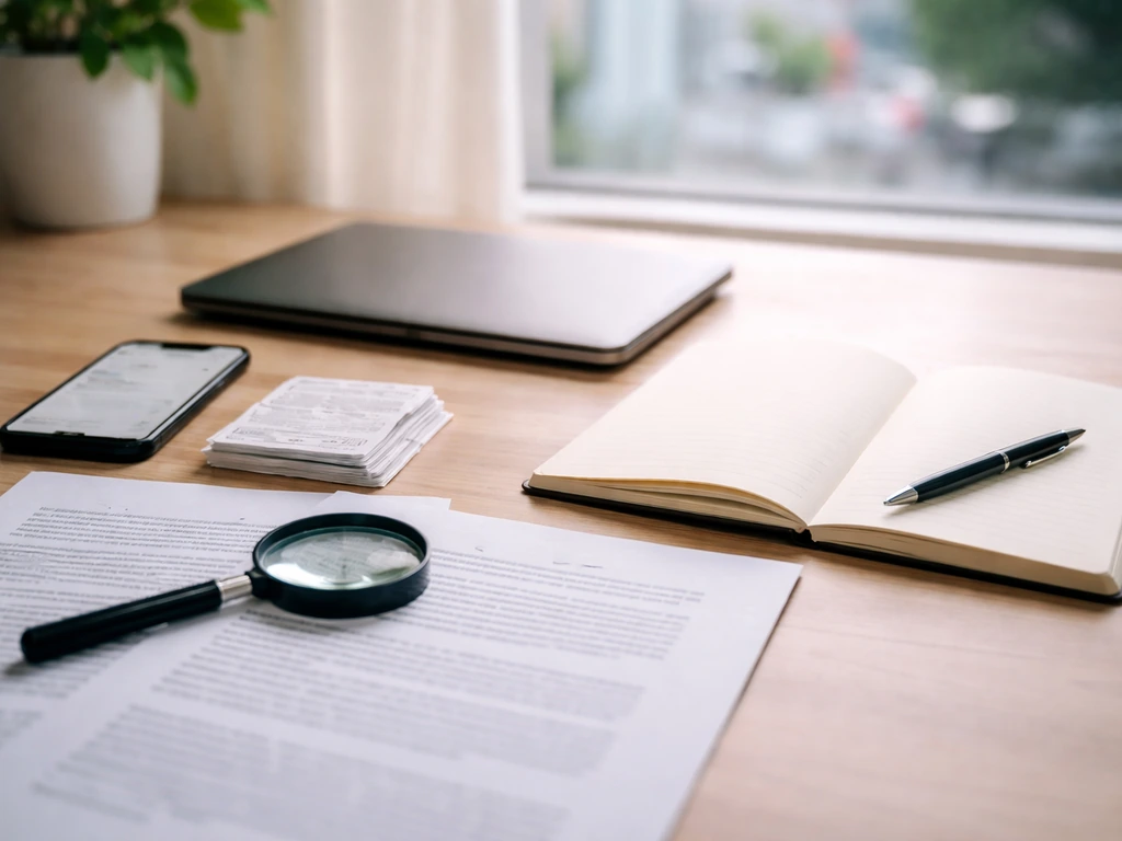 Minimal desk scene with notebook, documents, pen, and magnifying glass suggesting careful research and verification.