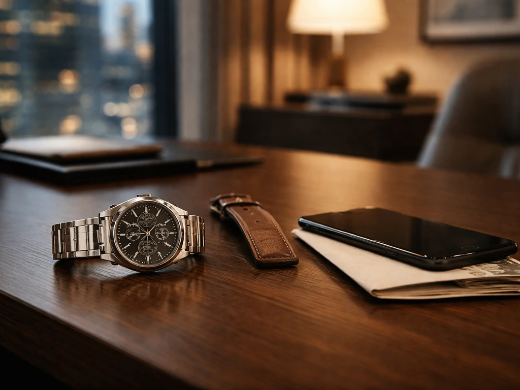 Luxury watch and executive desk with hints of wealth and finance in a softly lit office