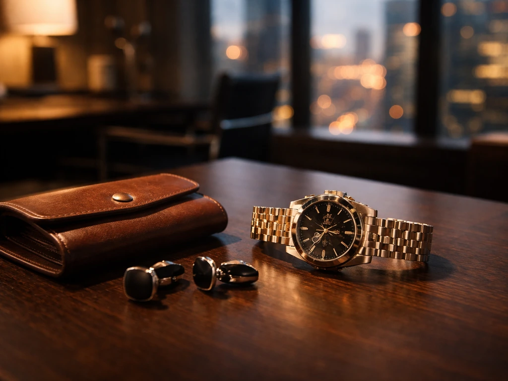 Luxury watch on a dark wooden desk with office-window bokeh in the background, no people visible.