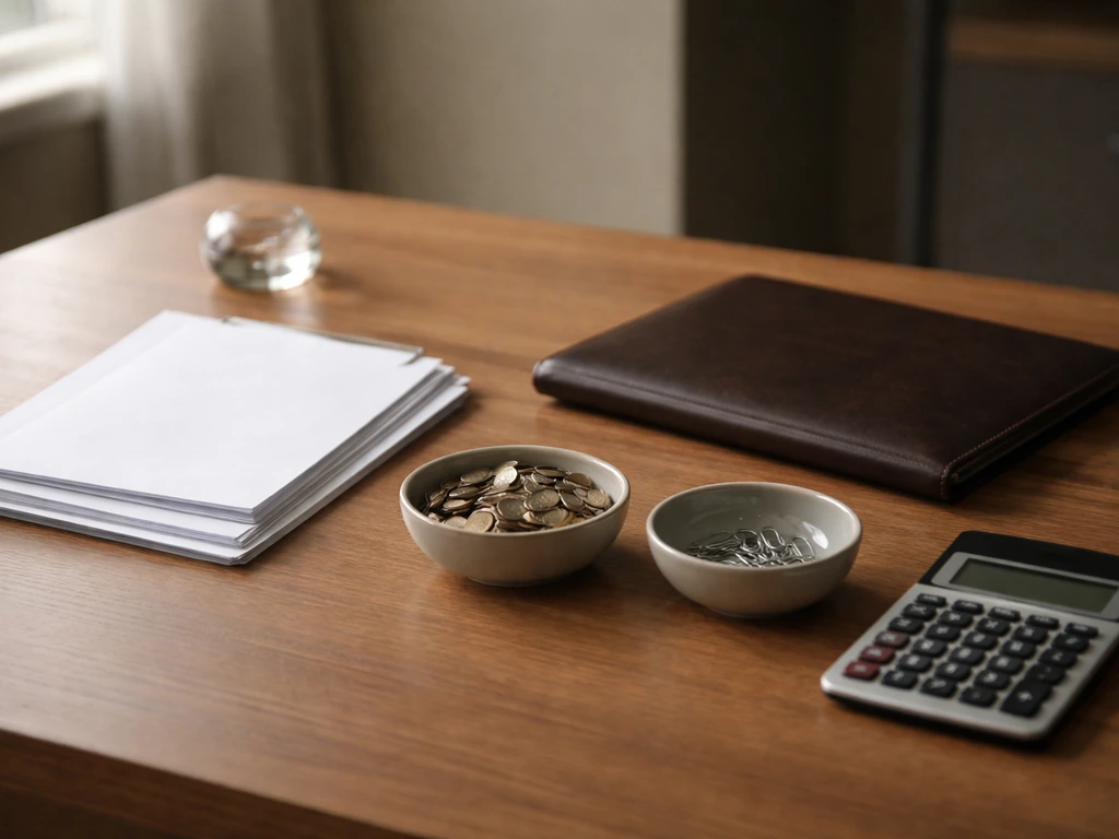 Minimal photo of a financial desktop scene with neatly arranged documents and a small set of coins