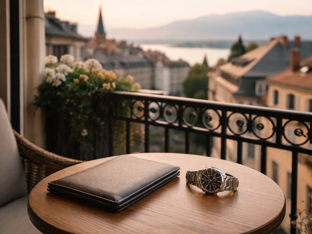 Geneva luxury apartment balcony with soft morning light and a discreet watch on a wooden table