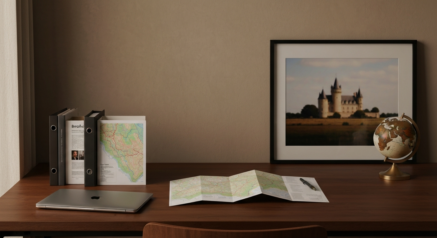 Editorial still life suggesting high-value real estate advisory: desk with laptop, documents, map and blended Texas ranch/Normandy estate photo.