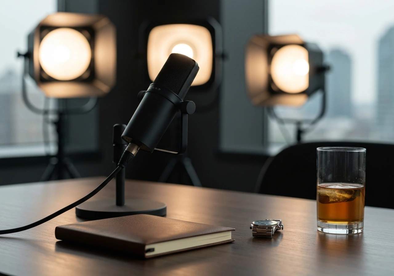 Luxurious media studio desk with a microphone and a watch, suggesting wealth and a reality-check theme