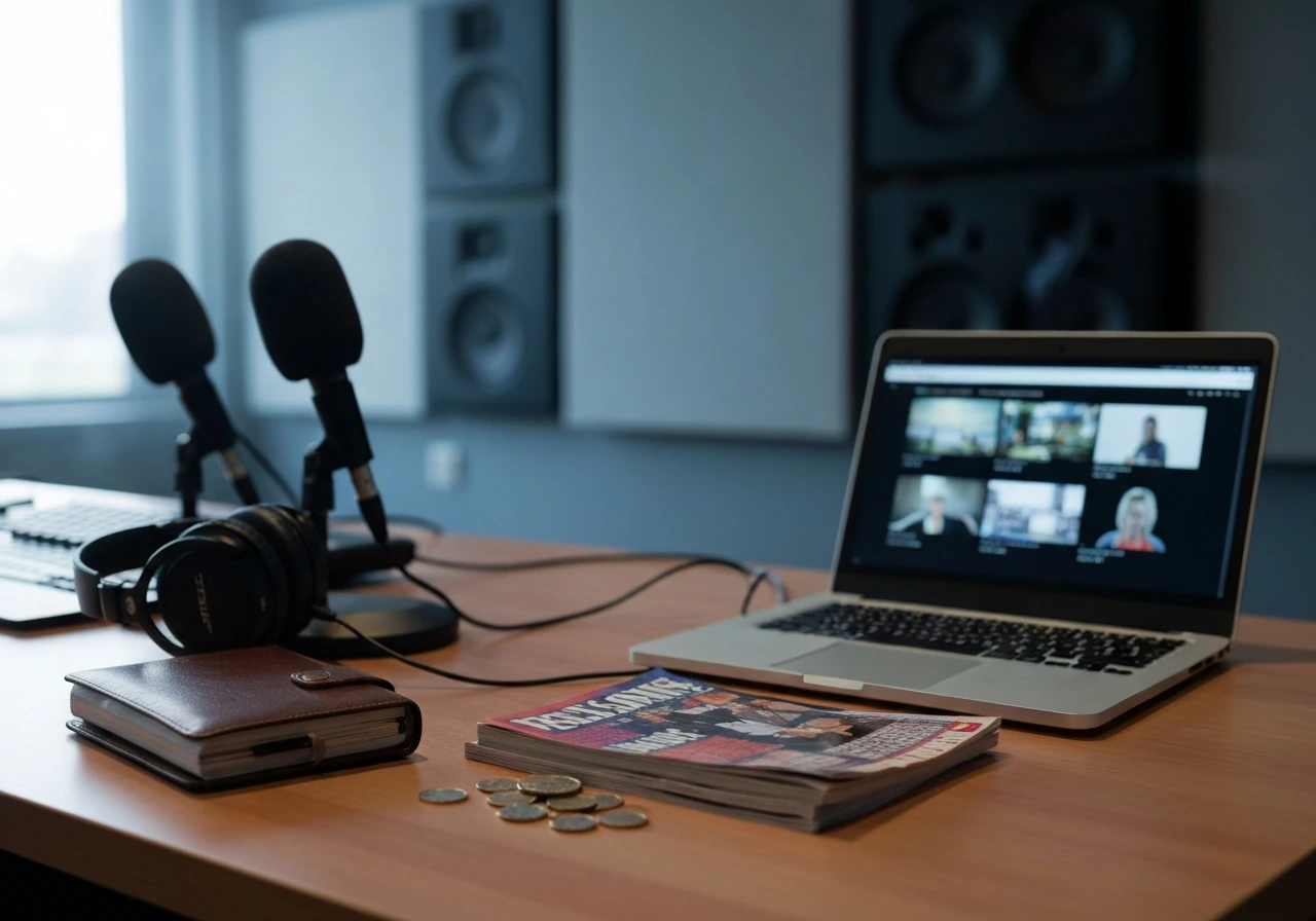 Quiet TV studio desk with microphones, headphones, and coins suggesting media work and wealth interest.