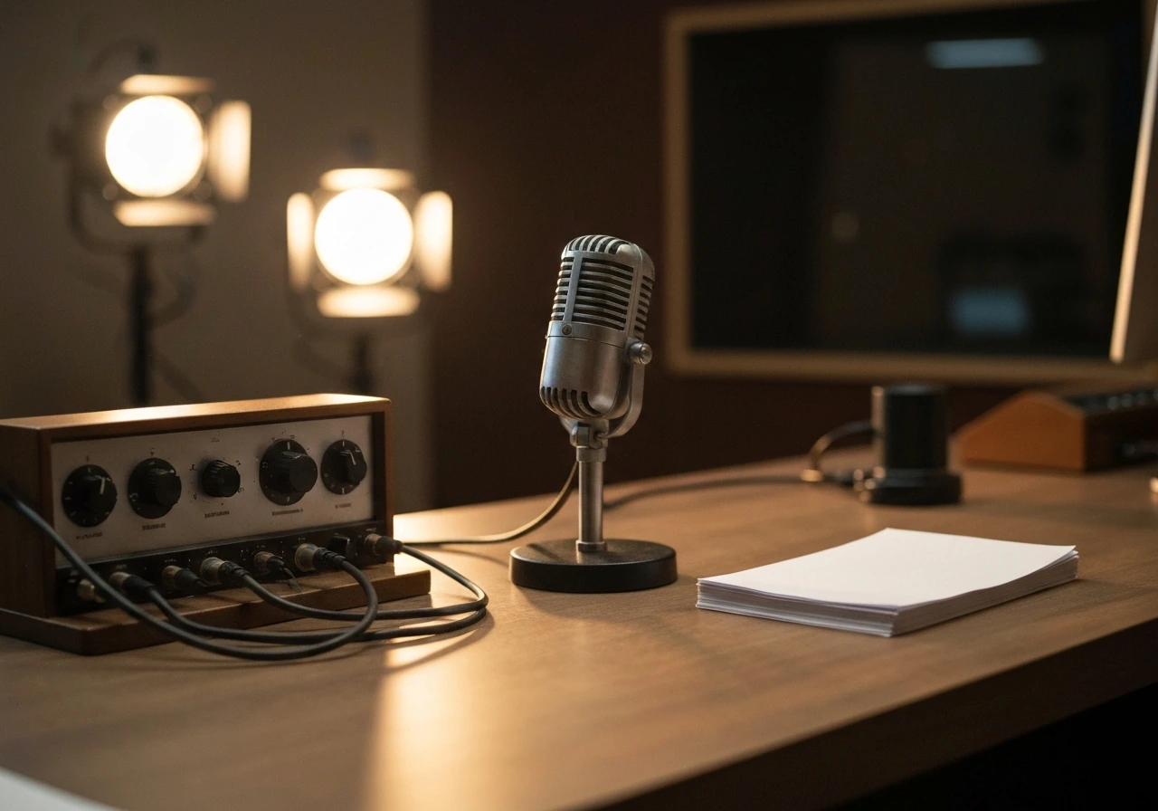 Vintage broadcast studio desk with a retro microphone and cables, evoking early radio and TV journalism.