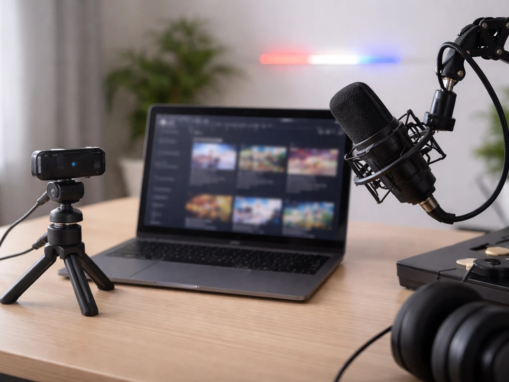 Anonymous streaming desk setup with webcam and microphone, blurred screen background suggesting live creator content.