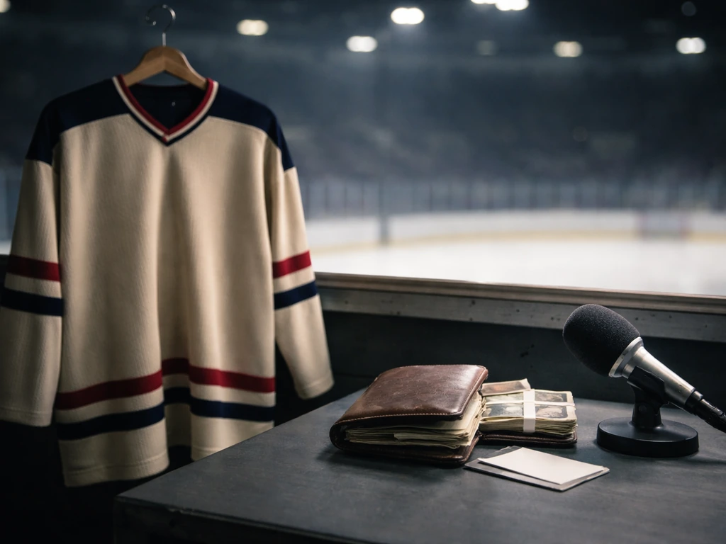 Vintage hockey jersey with wallet and broadcast microphone on a desk, blurred arena background—no person shown.