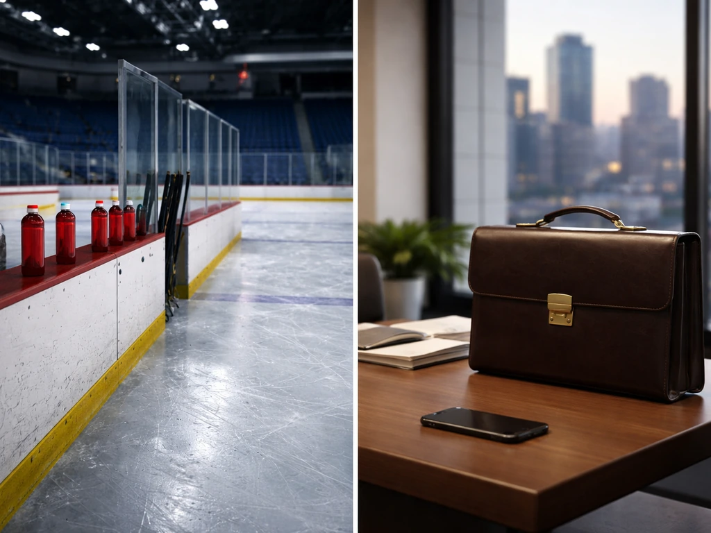 Split-style scene: empty NHL rink bench and, beside it, a quiet modern finance office desk with briefcase