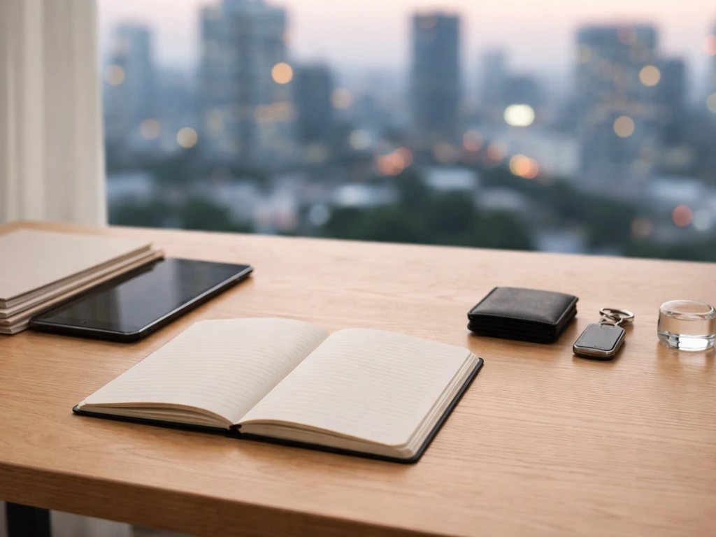 Minimal desk scene with a blurred city skyline backdrop and an open notebook suggesting observable wealth indicators