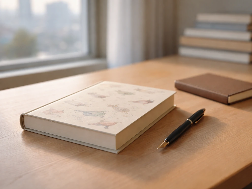 Minimal desk scene with a book and pen, symbolizing estimating an author’s net worth