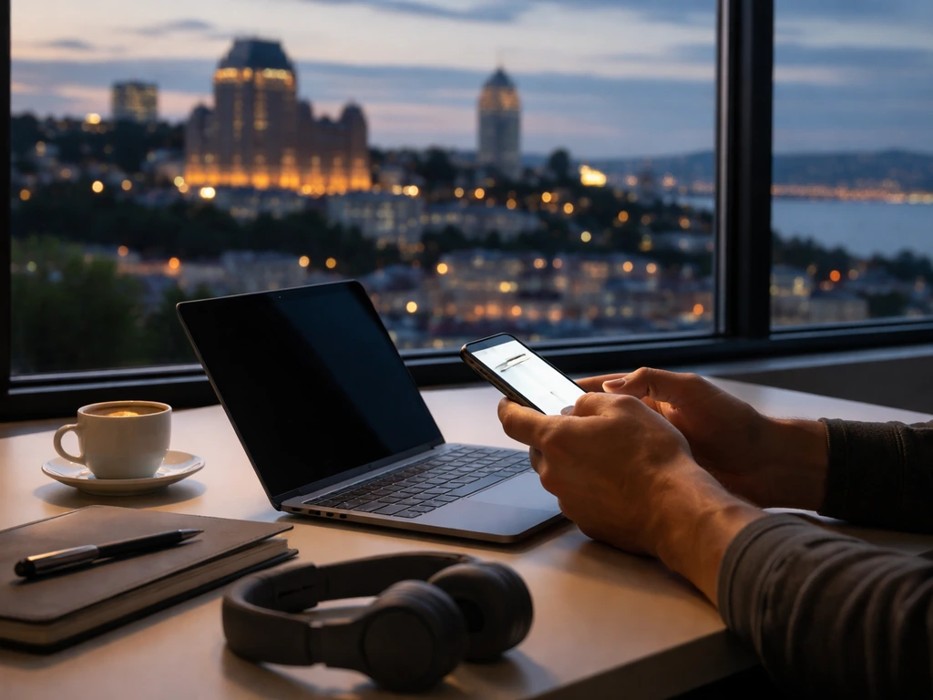Anonymous tech office scene with smartphone and laptop on a minimalist desk at dusk