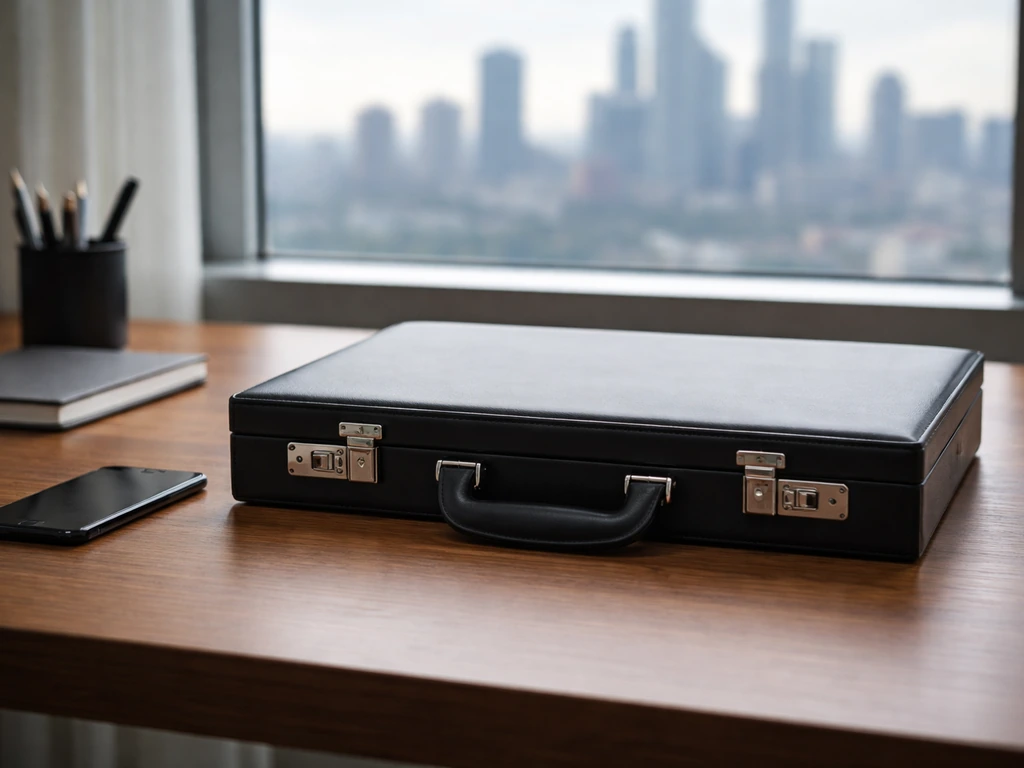 Minimal photo of a closed briefcase on a desk beside a smartphone, symbolizing a tech exit milestone.
