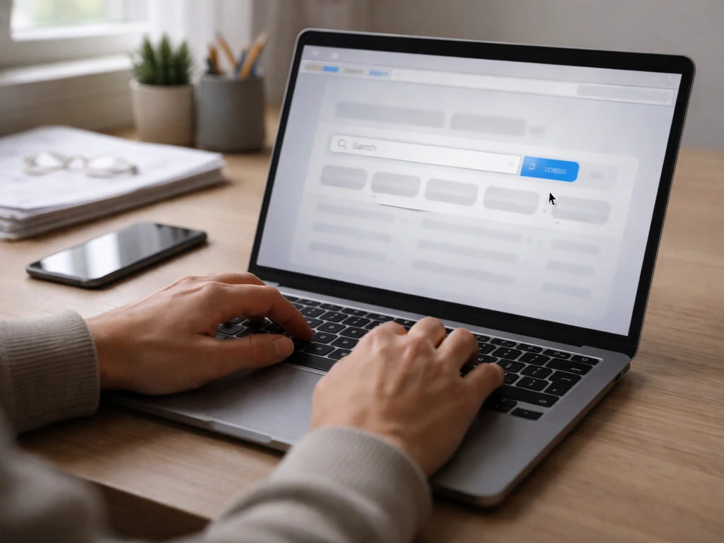 Hands on a laptop showing a blurred public filing search and filter workflow.