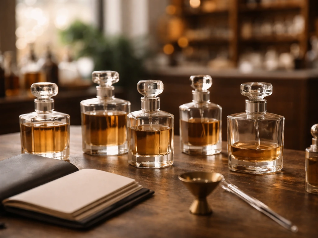 Perfume bottles and a dark leather notebook on a desk, evoking luxury fragrance and wealth interest
