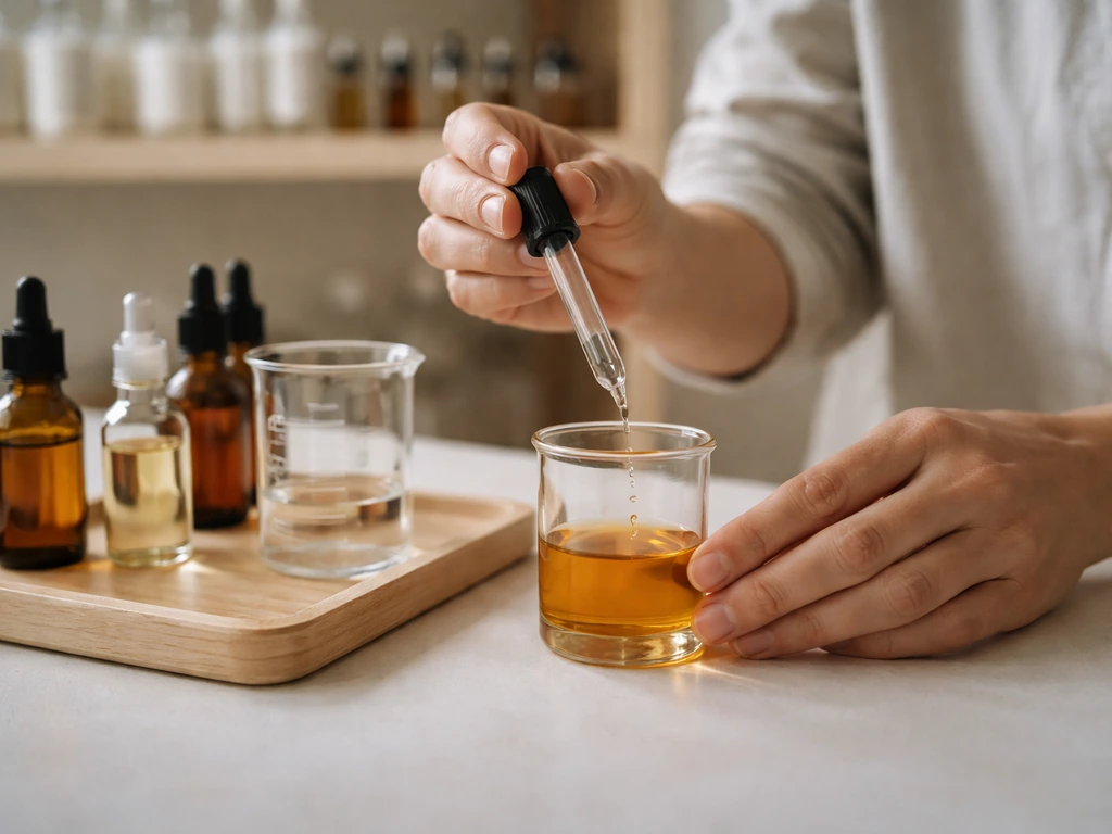 Perfumer working with perfume ingredients on a tidy lab-style workstation, suggesting creative income and royalties.