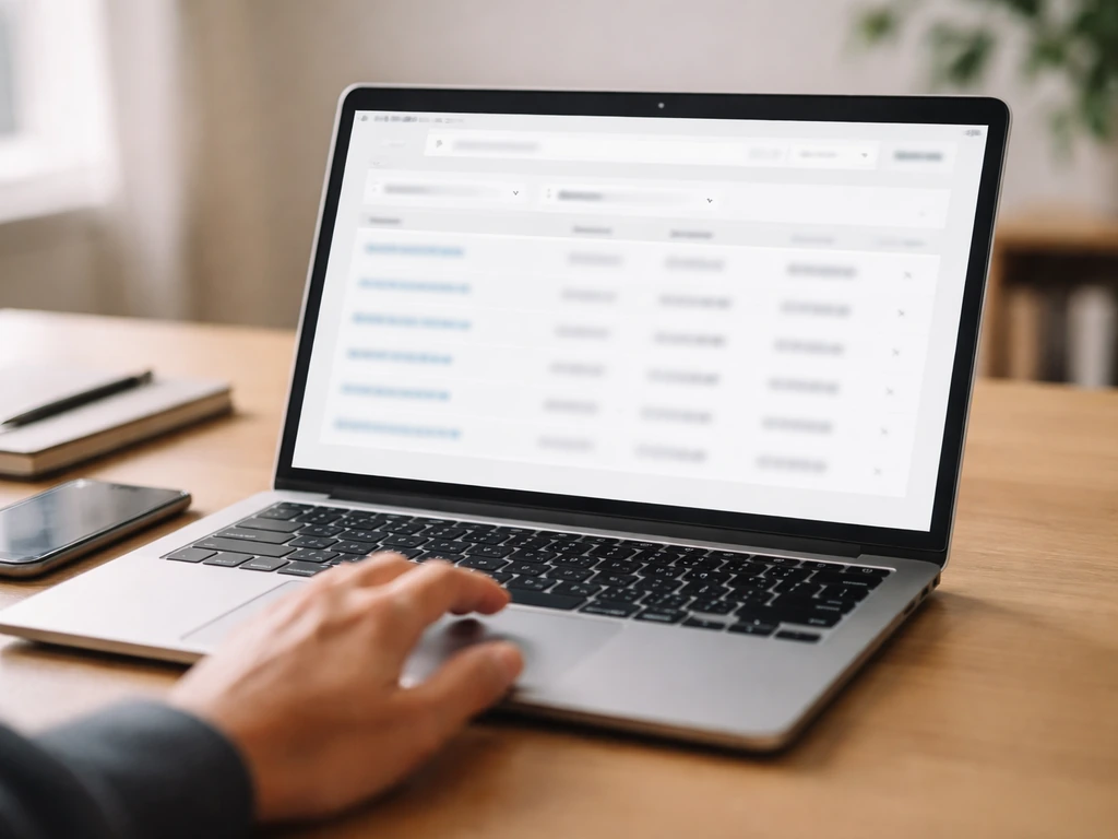 Laptop on a desk showing a blurred French company registry search interface while a hand reaches toward it.