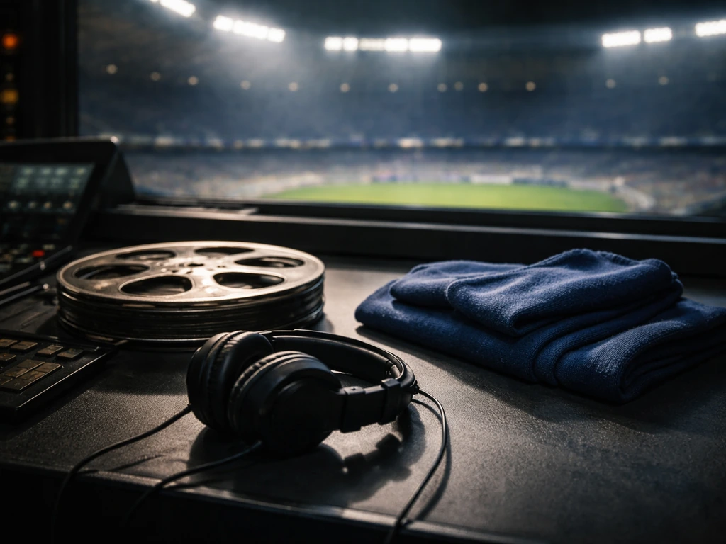 Dramatic high-contrast photo of a film studio control room desk beside a soccer scarf, symbolizing entertainment wealth.
