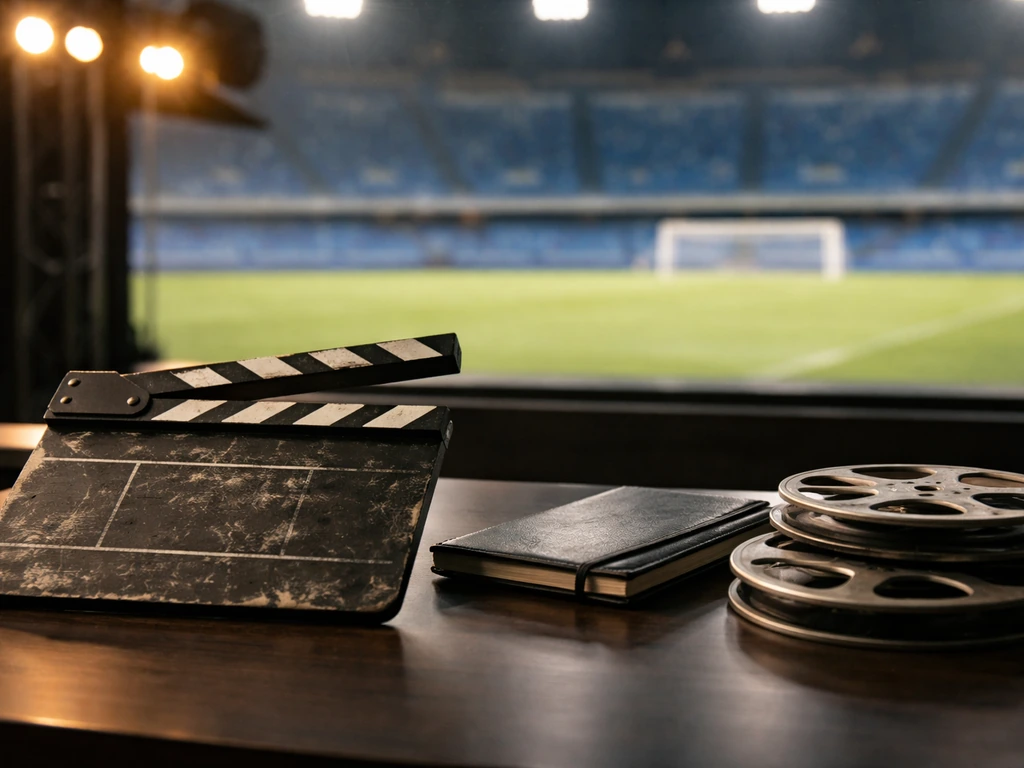 Clapperboard and film reels on a studio desk with a blurred blue stadium backdrop, linking film and football.