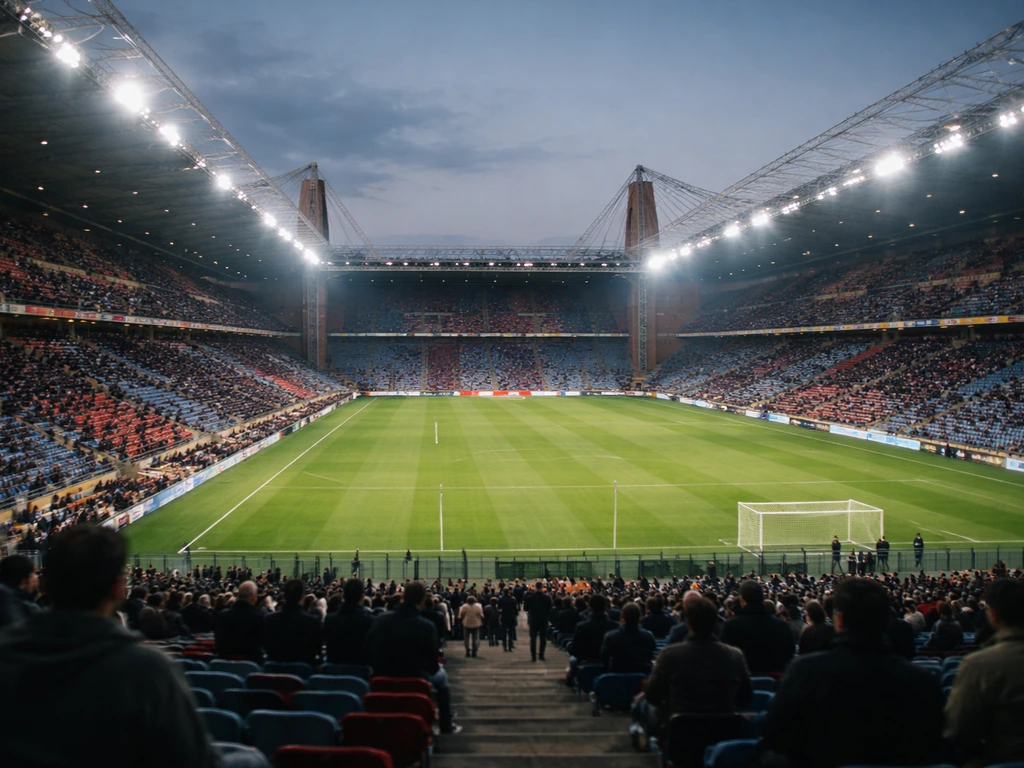 Wide view of an Italian football stadium exterior with seating and glimpses of the pitch at dusk.