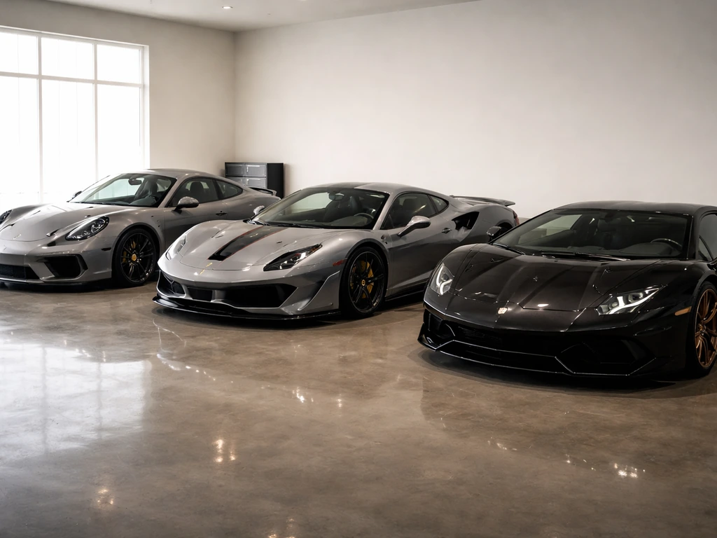 Three sleek luxury cars parked in a quiet indoor garage, shown as tangible luxury assets.