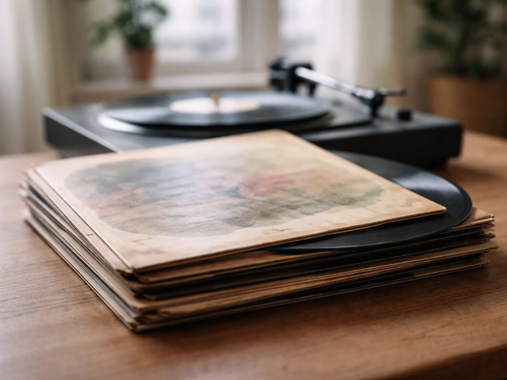 Close-up of vintage vinyl record sleeve and records on a wooden table, symbolic of music royalties.