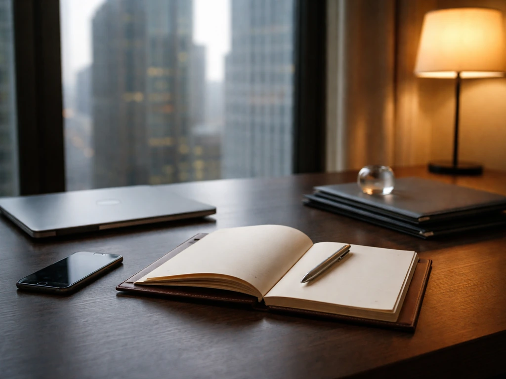 Minimal modern office desk with laptop and city view, symbolizing venture-capital wealth and software exit context