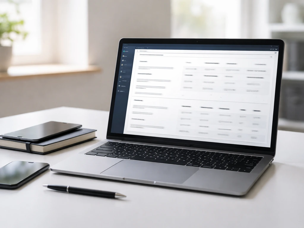 Close-up of a finance analyst’s laptop with stock-metrics style fields, symbols of share count and market analysis