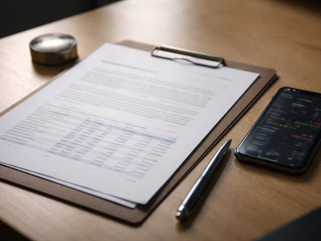 Close-up of an anonymous finance desk with a printed ADI share document and blurred stock ticker on screen