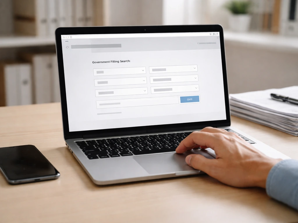 Hand over laptop showing a government filing search workflow with phone and documents on a desk
