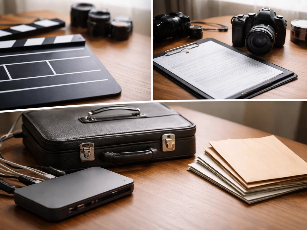 Minimal desk scene with a film slate, camera gear, and corporate office items overlapping to suggest wealth streams.