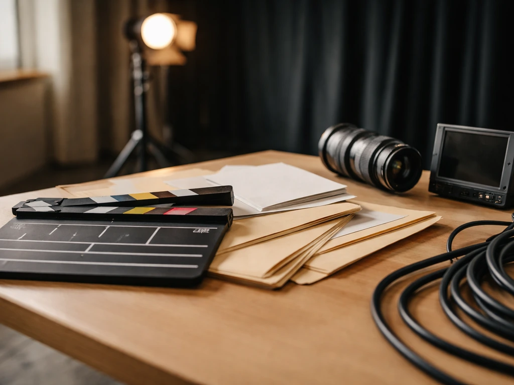 Minimal film set scene with a film clapperboard, camera rig, and producer paperwork on a desk