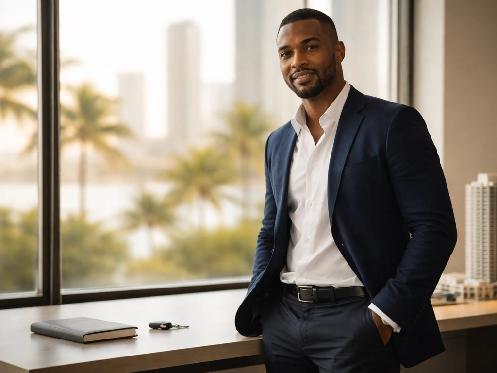 Miami politician and real estate entrepreneur in a tidy office with city skyline visible through a window