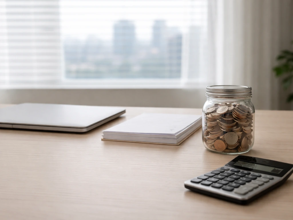 Minimal desk scene with business documents, coins, and a calculator symbolizing wealth components.