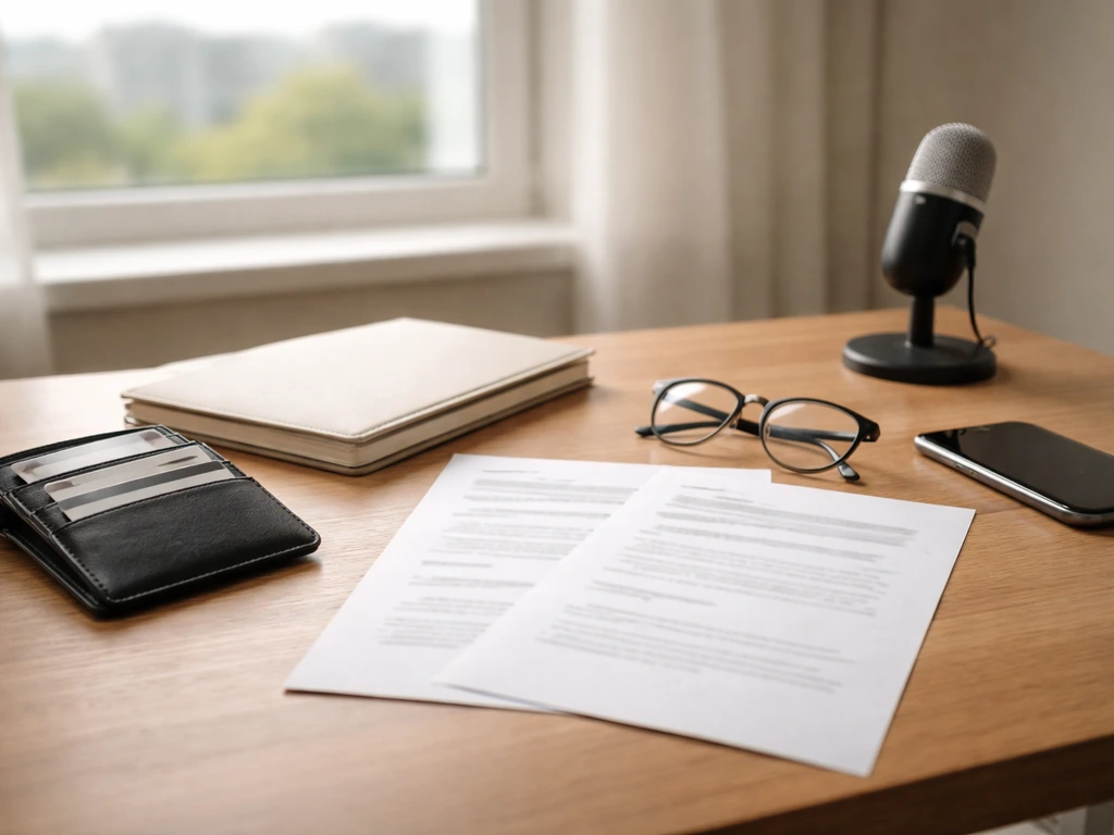 Minimal photo of a desk with a smartphone, wallet, and scattered documents suggesting finance comparison