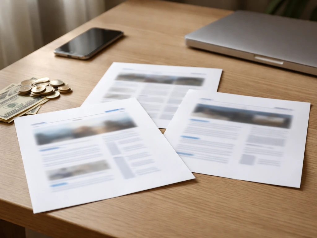 Minimal desk scene with smartphone and blurred website mockups on paper, symbolizing conflicting net-worth ranges.