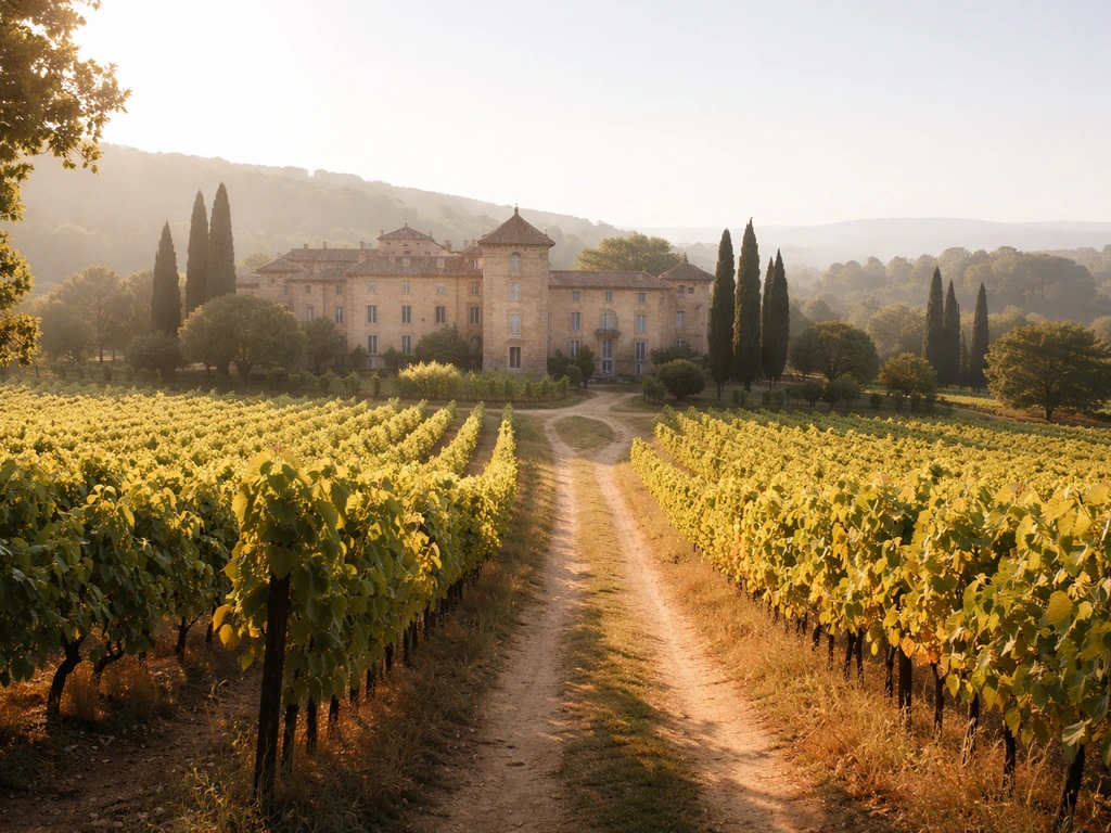 Cinematic view of a luxury Provence chateau surrounded by vineyards, luxury countryside atmosphere.