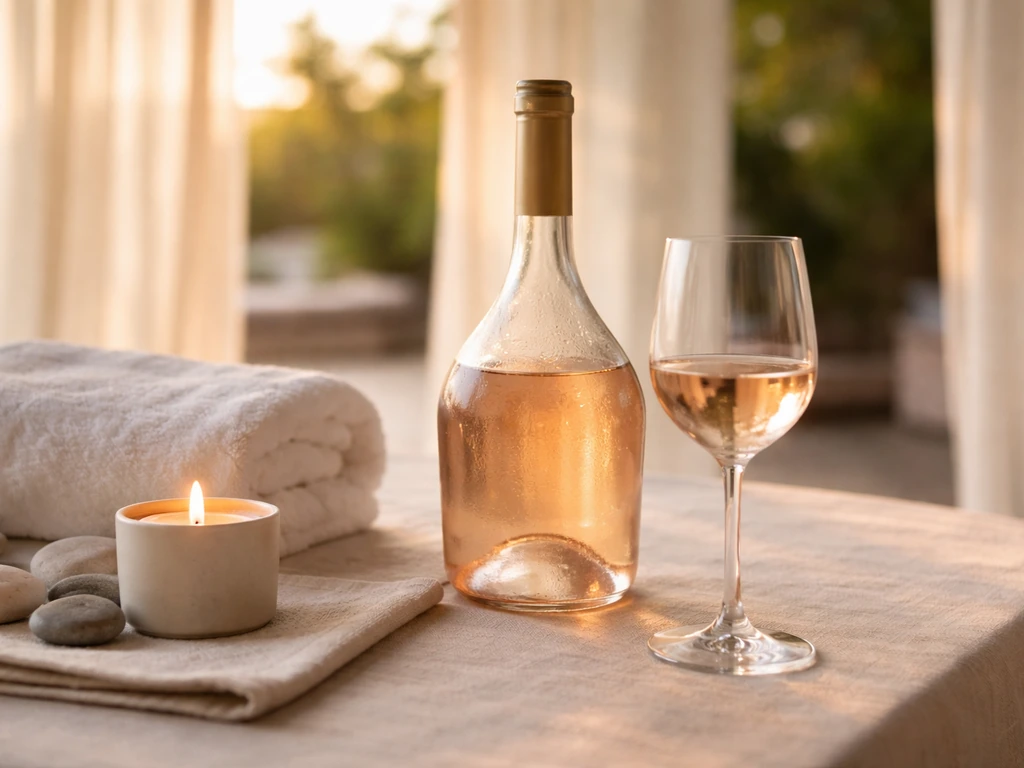 Close-up of a rosé glass and bottle beside a spa-like setup on a simple resort dining table.