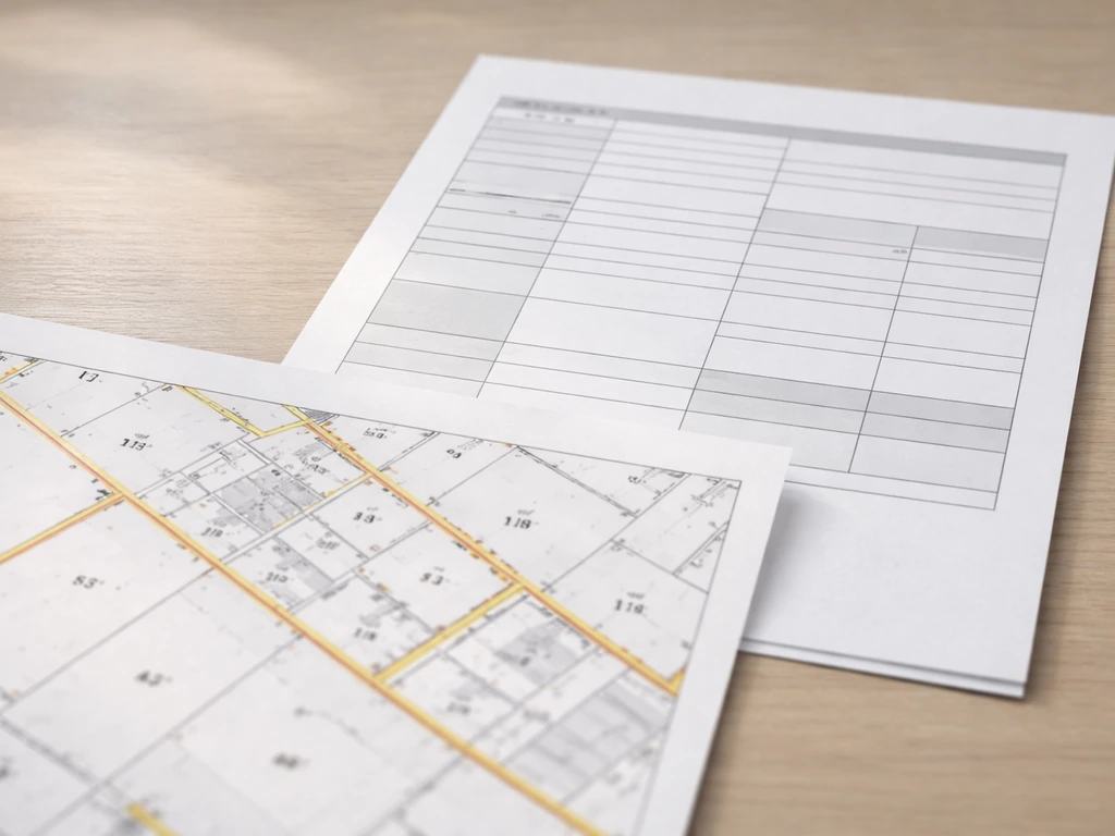 Close-up of French cadastral map details beside generic corporate registry-style paperwork on a desk