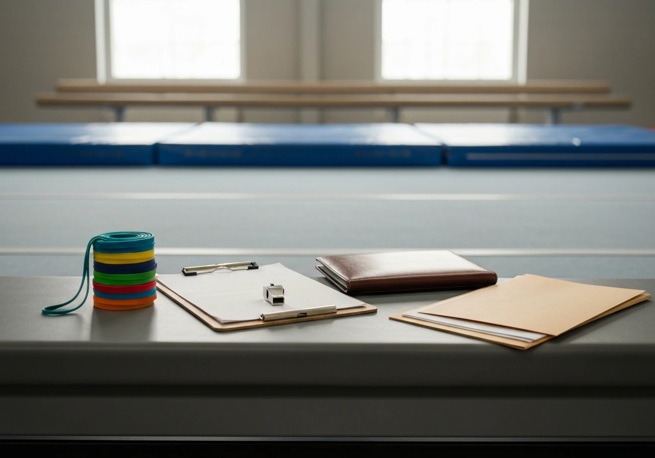Minimal U.S. gymnastics coaching setup with training gear and an unbranded leather portfolio near a clipboard