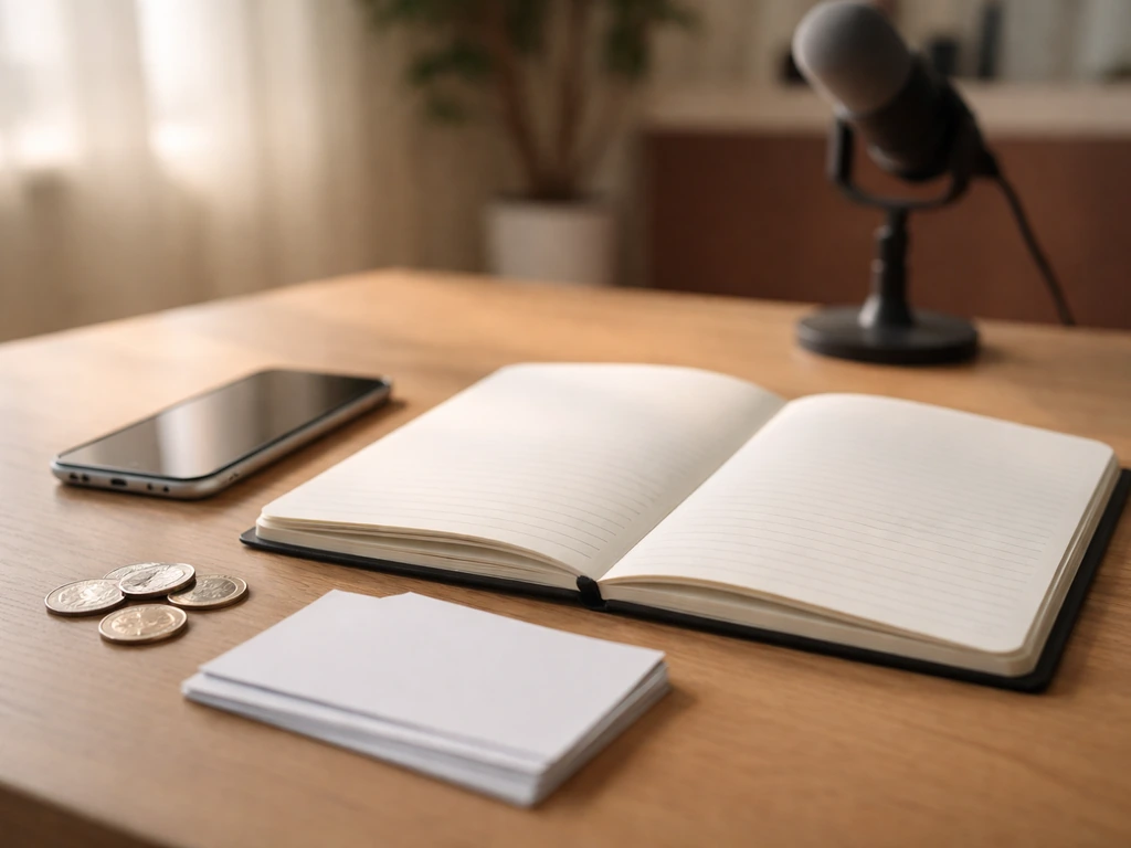 Minimal desk scene with a notebook, smartphone, and coins symbolizing step-by-step income estimation research.