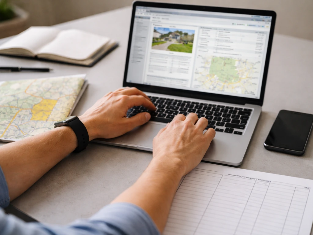 Hands researching on a laptop with a Texas area map and blank property index sheet on a quiet desk