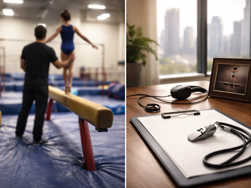 Gymnastics coach training setup with split, symbolic focus on leadership and earning power.