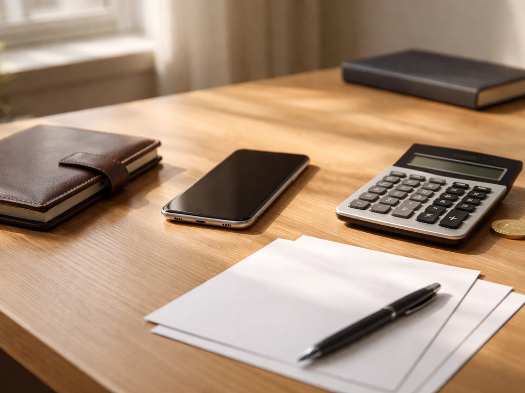 Minimal desk setup with calculator, blank papers, and a coin—symbolic wealth analysis scene.