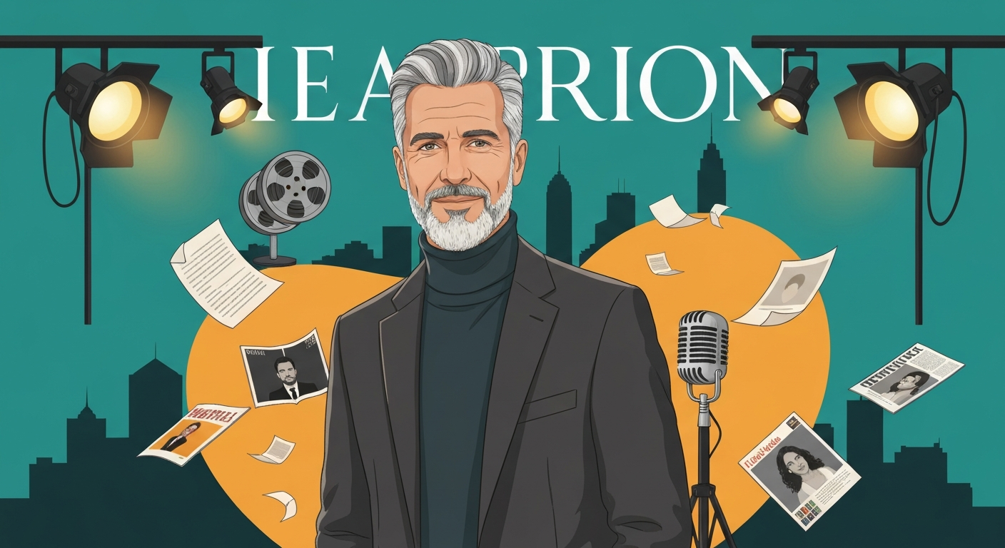 Stylized editorial portrait of Louis Morissette with film reels, a microphone, magazine covers and a Montreal skyline, representing his roles as actor, writer, host and media entrepreneur.